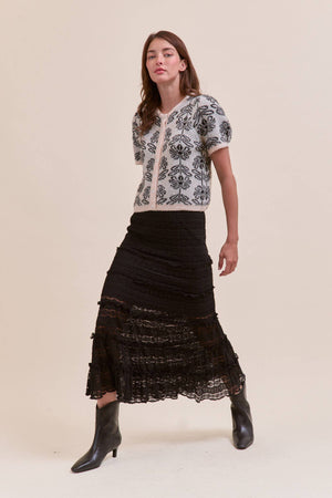 Lace Tiered Ruffle Trim Mermaid Midi Skirt - Black