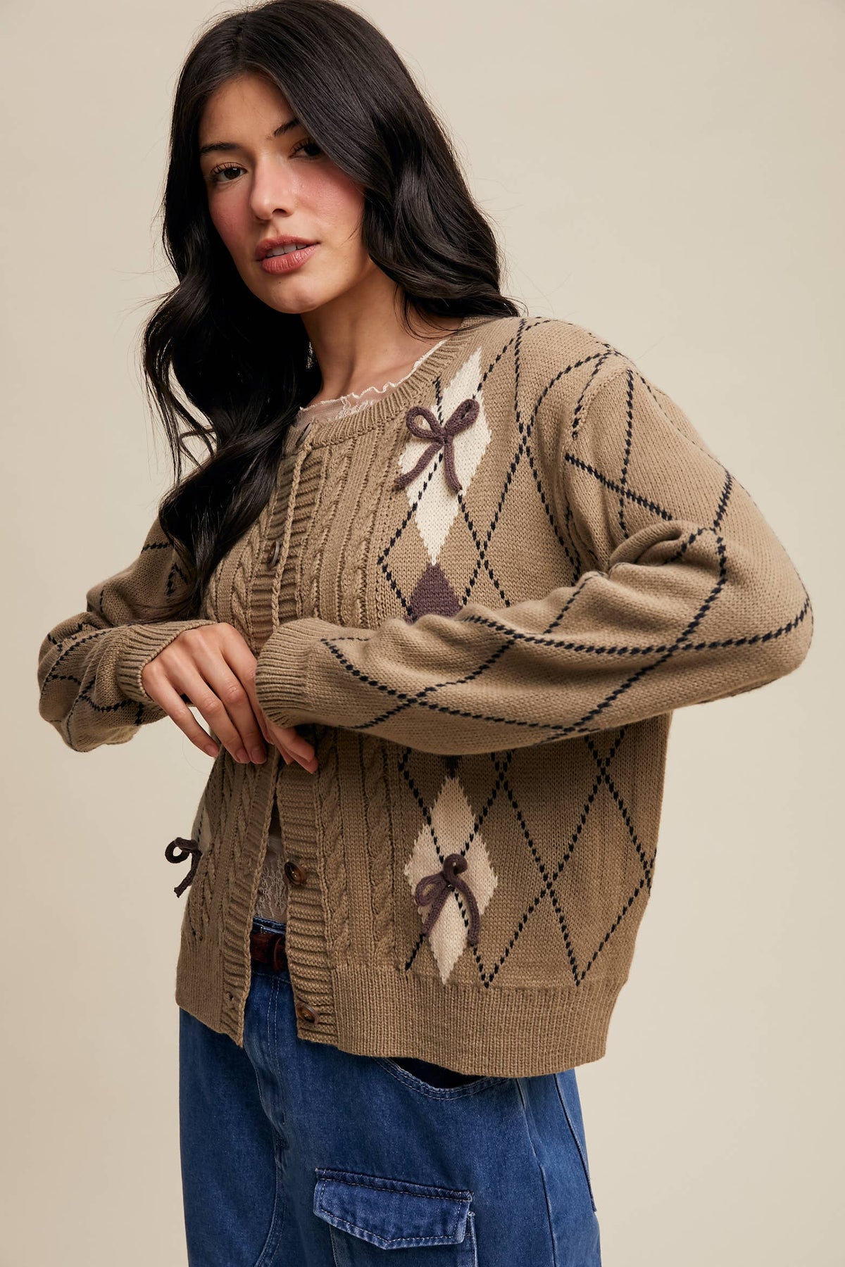 Argyle Bow Detail Knit Cardigan
