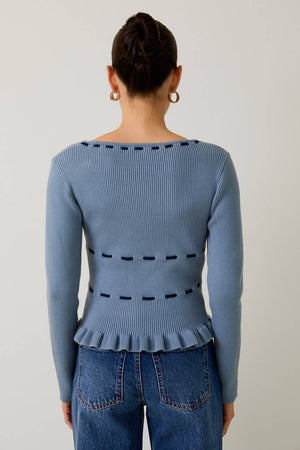 Blue Ribbed Bow Cardigan Sweater