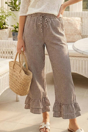Gingham Casual Ruffled Hem 100%Cotton Cropped Pants VP83379A
