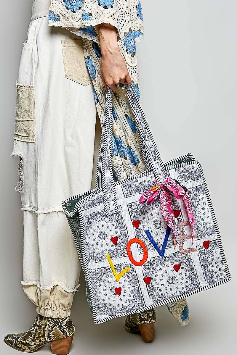Quilted Natural Paisley LOVE Tote Bag