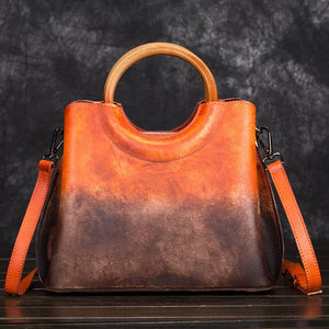 Gradient Leather Handbag with Wooden Handle and Strap