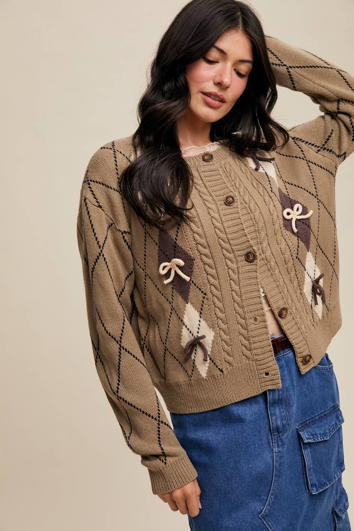 Argyle Bow Detail Knit Cardigan