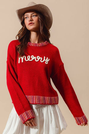 Merry Lettering Embroidered Christmas Sweater Top
