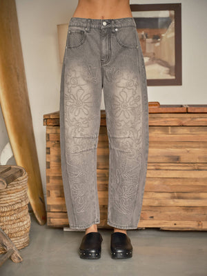 EMBROIDERED DETAIL COTTON BARREL PANTS