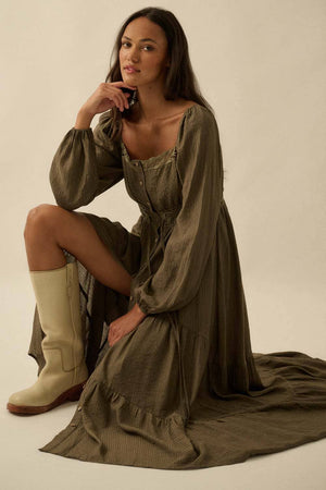 Button-Front Tiered Ruffle Maxi Dress