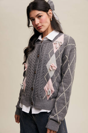 Argyle Bow Detail Knit Cardigan