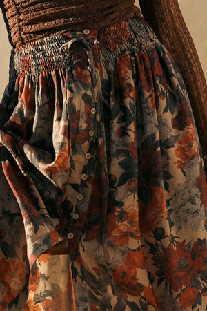 Floral-Print Drawstring Button-Front Maxi Skirt