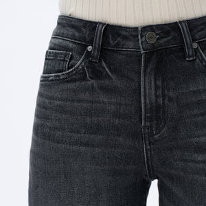 Dark Grey Washed Denim Mid Rise Wide Leg Jeans with Raw Hem