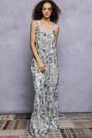 Floral Embroidered Woven Overalls with Crochet Mesh Patches
