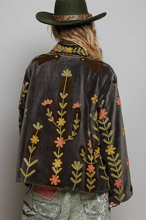 Floral Vine Embroidered Velvet Jacket – Charcoal