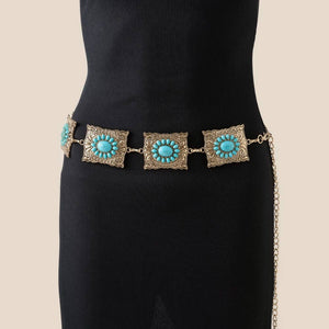 Ornate Western Turquoise Cluster Square Concho Chain Belt
