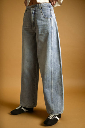 Vintage Wash Wide-Leg Paneled Jeans