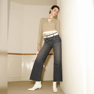 Dark Grey Washed Denim Mid Rise Wide Leg Jeans with Raw Hem