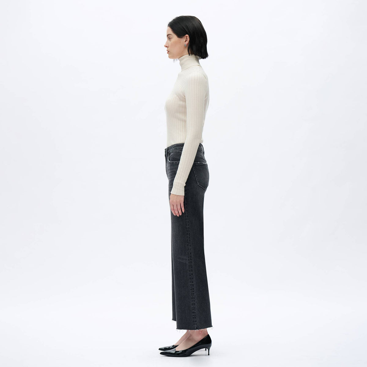 Dark Grey Washed Denim Mid Rise Wide Leg Jeans with Raw Hem
