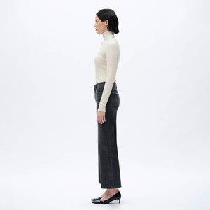 Dark Grey Washed Denim Mid Rise Wide Leg Jeans with Raw Hem
