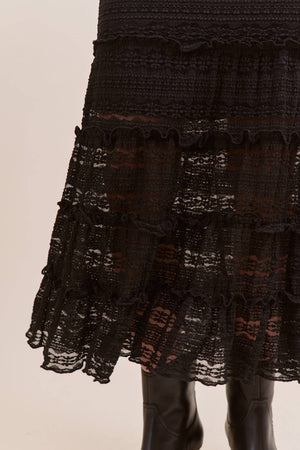 Lace Tiered Ruffle Trim Mermaid Midi Skirt - Black
