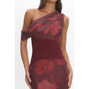 FLORAL ONE SHOULDER DRAPED MAXI DRESS