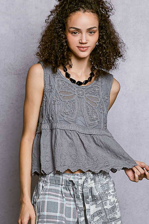 Boho Crochet Ribbon Motif Scalloped Trim Sleeveless Top