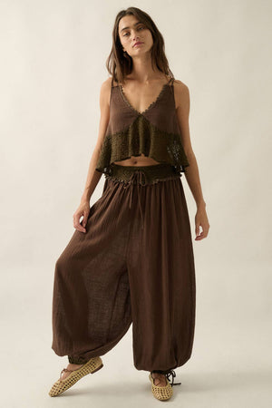 Cotton Gauze and Lace Drawstring Balloon Pants