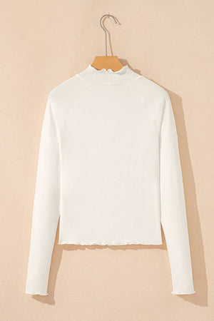 Ribbed Knit Lettuce Trim High Neck Long Sleeve Top