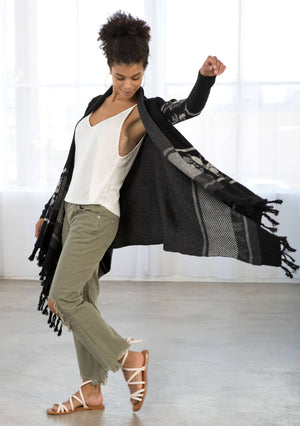 Western Floral Knit Fringe Trim Cardigan