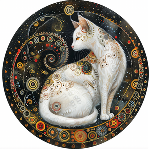 Mystical Cat Art Tambourine and Ribbon Wall Hanging