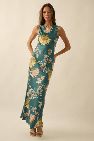 Teal Floral-Print Satin Bias-Cut Cowl-Back Maxi Dress