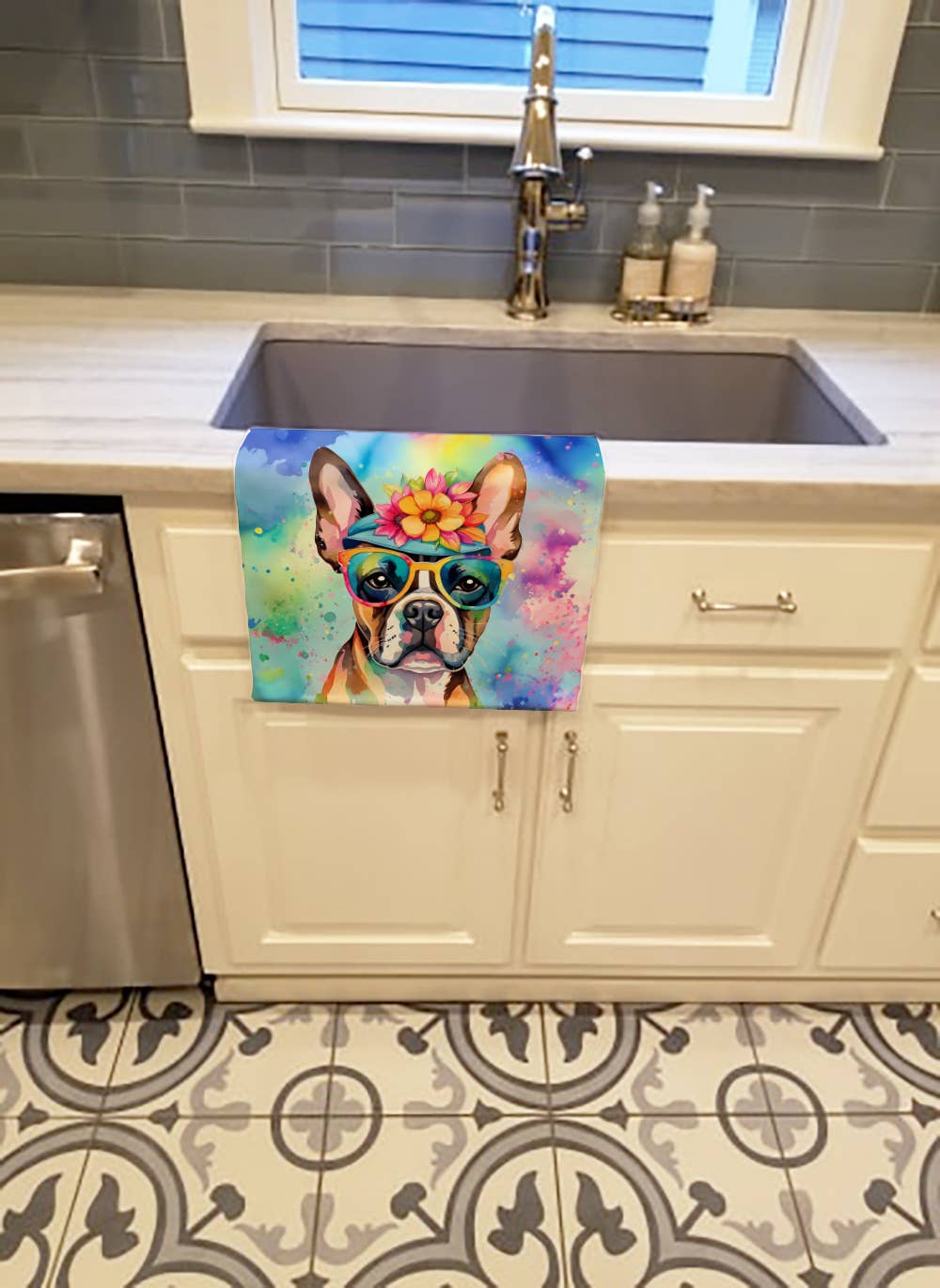 Boston Terrier Hippie Dawg Kitchen Towel