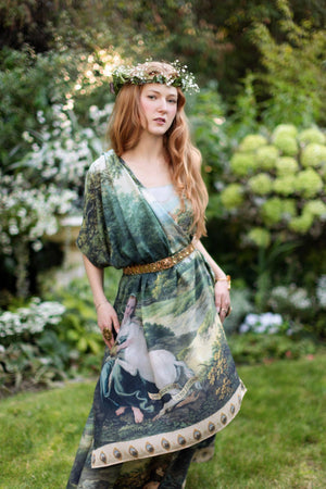 The Mythmaker Bohemian Scarf w/ pastoral landscape & unicorn