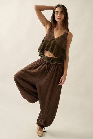 Cotton Gauze and Lace Drawstring Balloon Pants