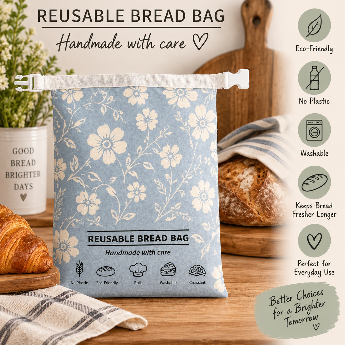 Into the Blue Fields Beeswax-Lined Reusable Bread Bag