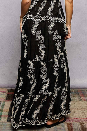 Embroidered Viscose Smocked Waistband Maxi Skirt