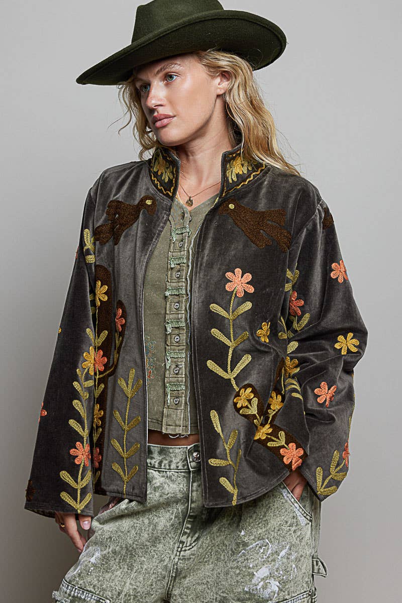 Floral Vine Embroidered Velvet Jacket – Charcoal