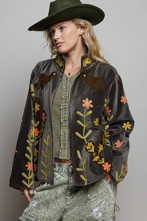 Floral Vine Embroidered Velvet Jacket – Charcoal