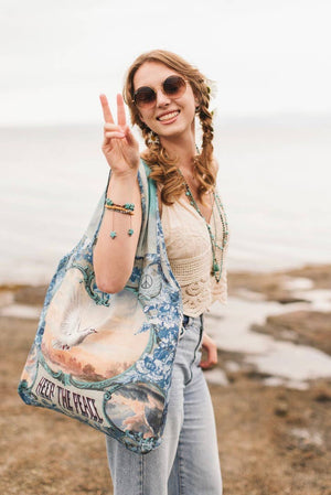 Peace Out Turquoise Linen Tote Bag with Doves and Sunrise