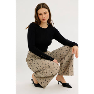 Fitted Ribbed Knit Top with Button Detail Sleeves