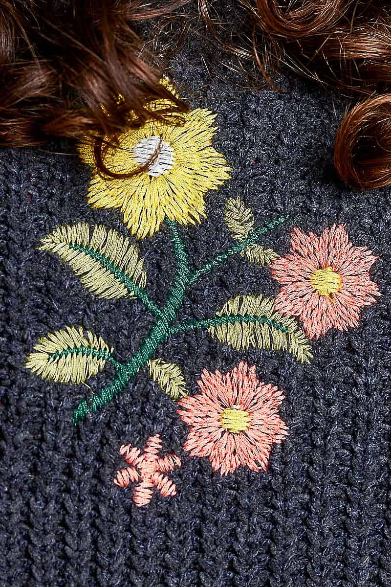 Embroidered Peace Knit Cardigan – Charcoal