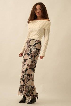 Floral-Print Mesh Fitted Maxi Skirt