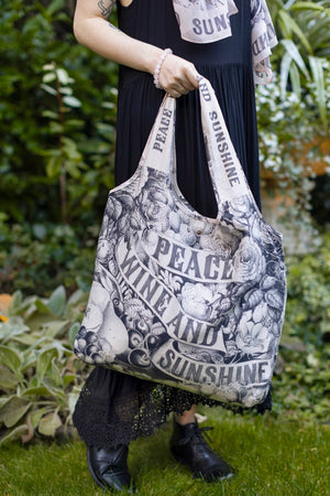 Peace Wine & Sunshine Floral Boho Linen Tote Bag, Blush