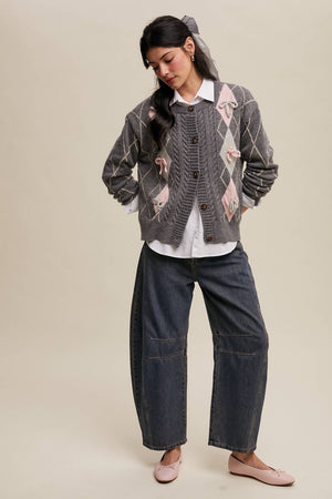 Argyle Bow Detail Knit Cardigan
