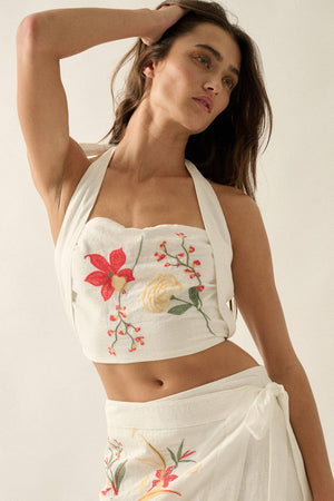 Floral-Embroidered Cropped Square-Neck Halter Top