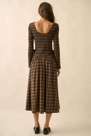 Plaid Long-Sleeve Smocked Drop-Waist Midi Dress