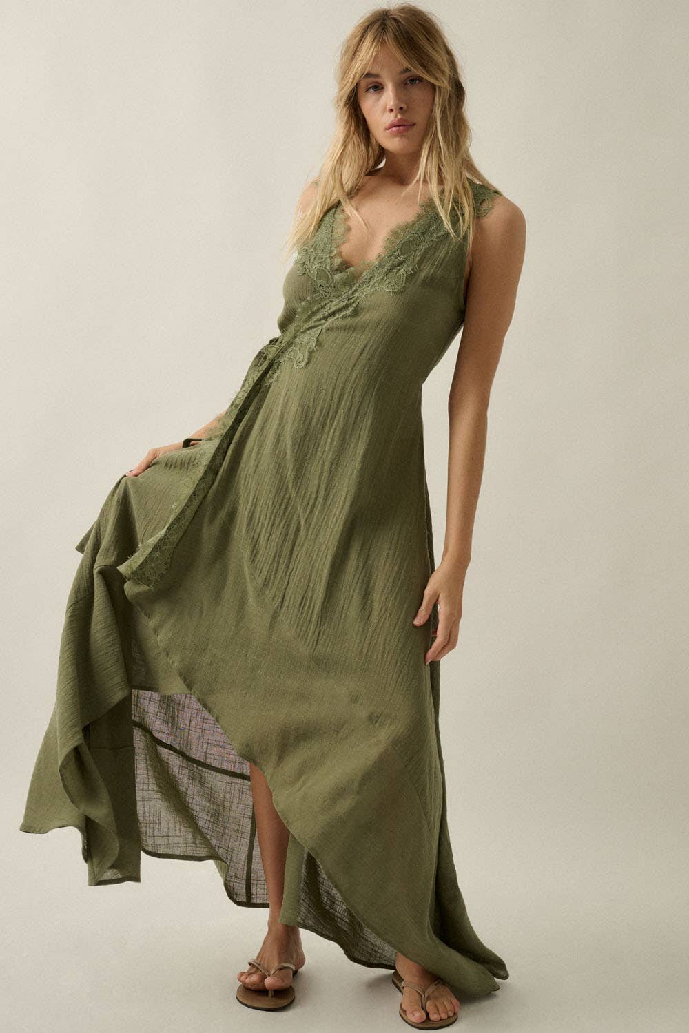 Lace-Trimmed Cotton Gauze Sleeveless Wrap Maxi Dress – Wysdohm