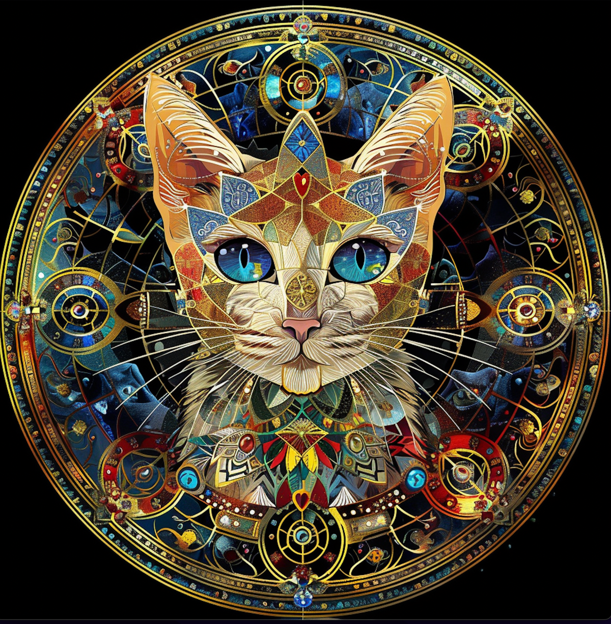 Mystical Cat Art Tambourine and Ribbon Wall Hanging