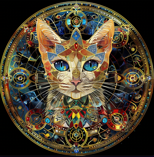 Mystical Cat Art Tambourine and Ribbon Wall Hanging