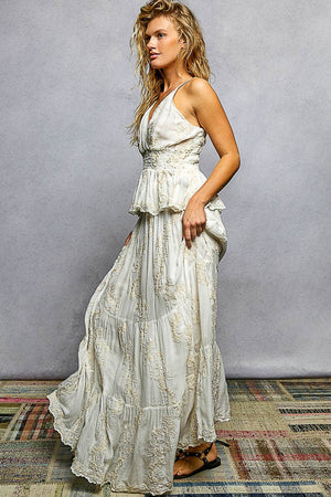 Embroidered Viscose Smocked Waistband Maxi Skirt