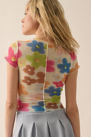 Floral Mesh Short-Sleeve Mesh Crop Top