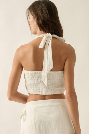 Floral-Embroidered Cropped Square-Neck Halter Top