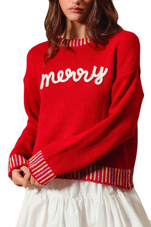 Merry Lettering Embroidered Christmas Sweater Top